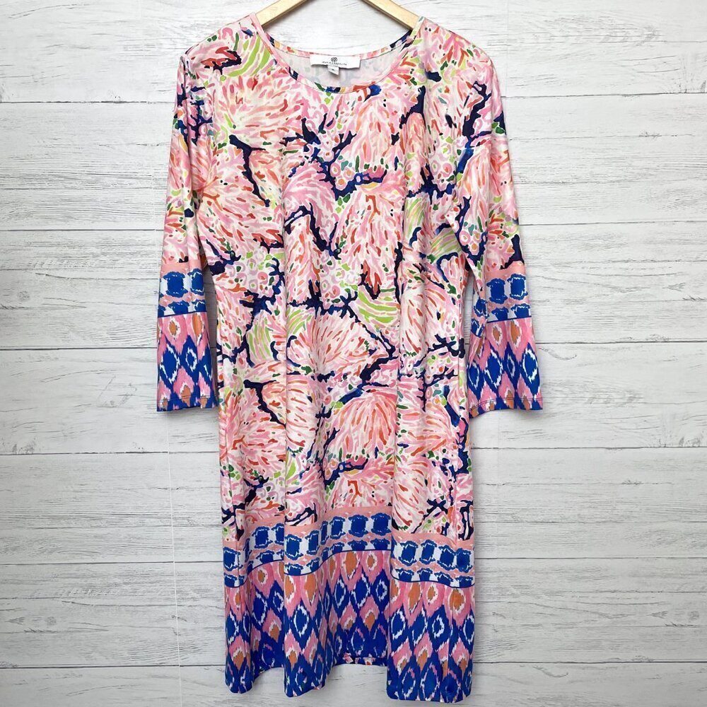 Jean Pierre Klifa Paris Dress Pink Blue Floral Stretch 3/4 Sleeves Pullover XL - Picture 9 of 9